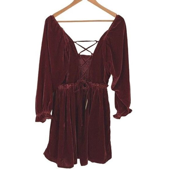 Free People Womens Velvet Lace Up Dress Daphne Long Sleeve Lined Red Size Medium - Picture 5 of 13